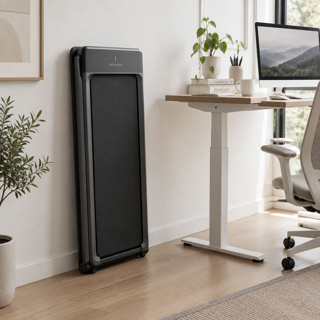 Tapis de marche replié contre un mur, compact et facile à ranger