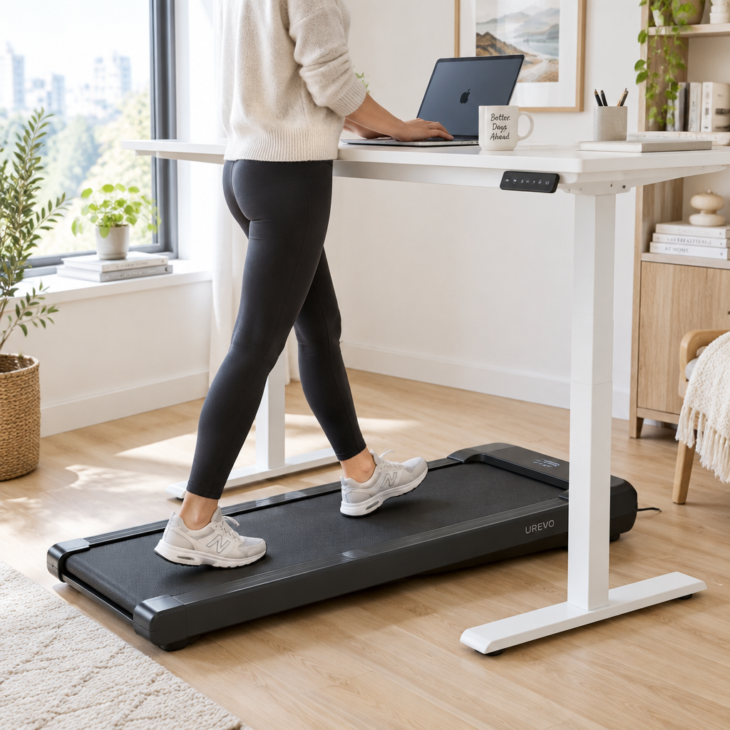 Tapis de marche sous un bureau debout dans un bureau à domicile moderne